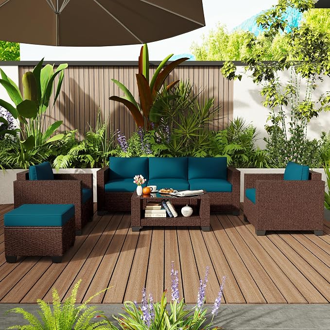KIGOTY Patio Furniture Set 7 PCS Patio Conversation Sets, All-Weather PE Rattan Outdoor Sectional Sofa with Cushion and 2- Tier Glass Coffee Table（Brown/Peacock Blue）
