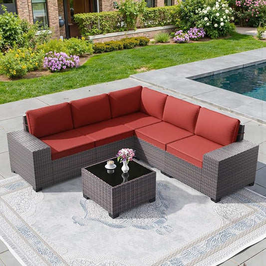 6 PCS Outdoor Patio Furniture Set,Outdoor Sectional Furniture All Weather PE Rattan Wicker Patio Conversation Set with Coffee Table and 5 Thickened Cushions,Red