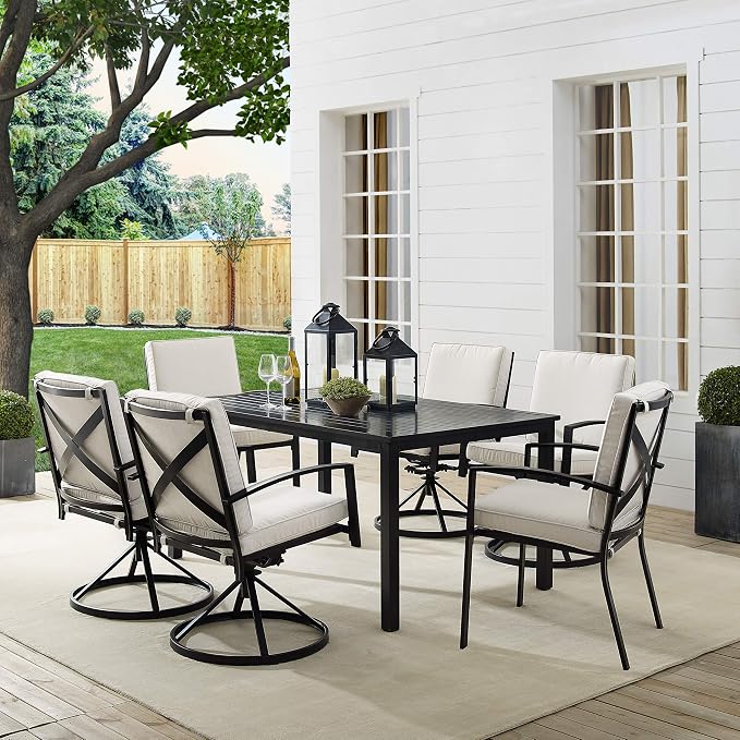 Crosley Furniture Kaplan 7-Piece Outdoor Dining Set for 6, Patio Table and Chairs for Backyard, Deck, Oiled Bronze with Oatmeal Cushions