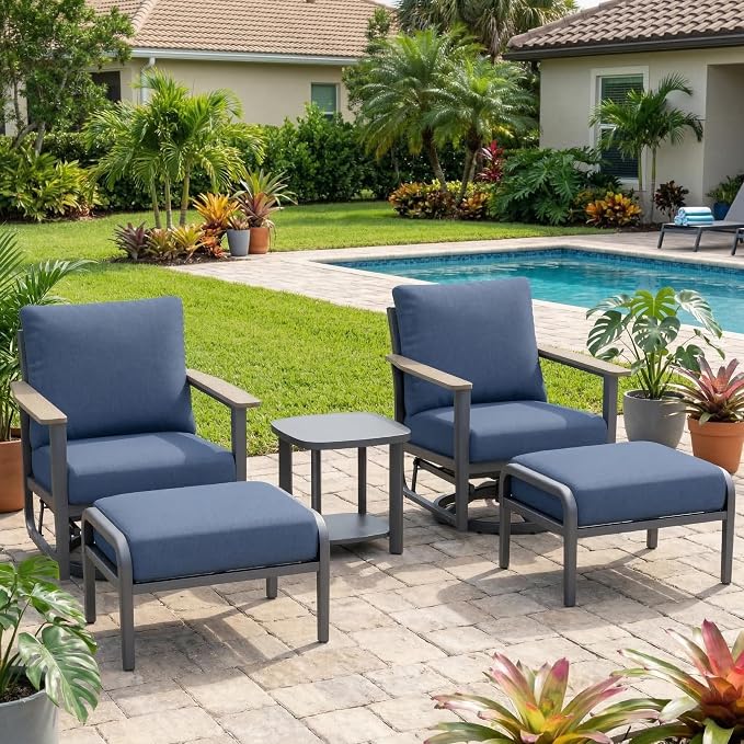 Aluminum Patio Swivel Rocking Chair Outdoor Bistro Set with Ottomans, 5PCS Patio Conversation Set Outdoor Patio Furniture Set with High Backrest & Thickened Cushions for Garden, Navy Blue