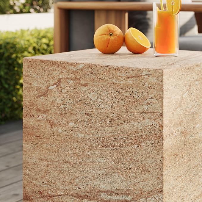Modway Jordana Indoor Outdoor Concrete Side Table in Travertine – Square Plinth End Table with Faux Stone Finish - Concrete Furniture Accent Table for Patio, Garden, or Living Room