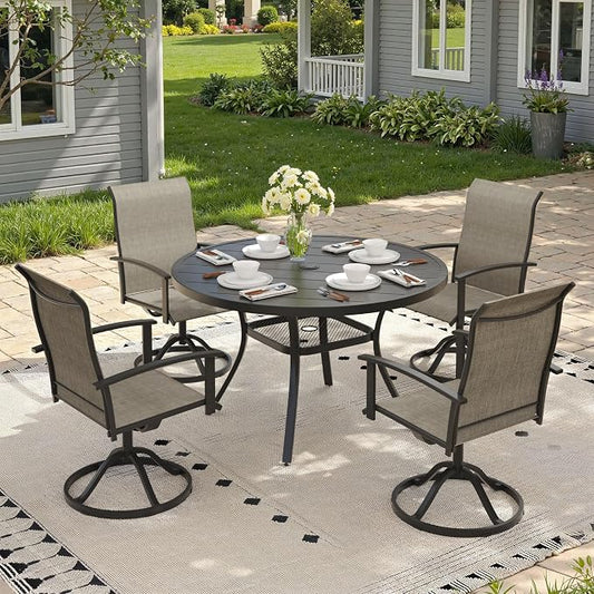 5 Pieces Round Patio Dining Set, Outdoor Furniture of 40.6" Round Patio Table and Patio Swivel Chairs for Backyard Lawn Garden, Black Table and Mixed Brown Chairs