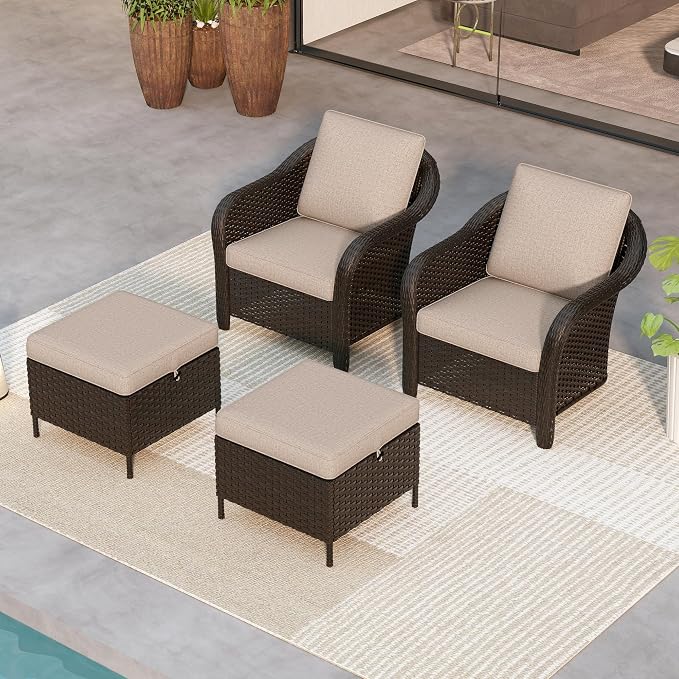 4 Pieces Patio Outdoor Conversation Furniture Set with Cushions, All-Weather Wicker Ottomans, PE Rattan 2 Chairs for Backyard, Deck, Lawn (Beige)