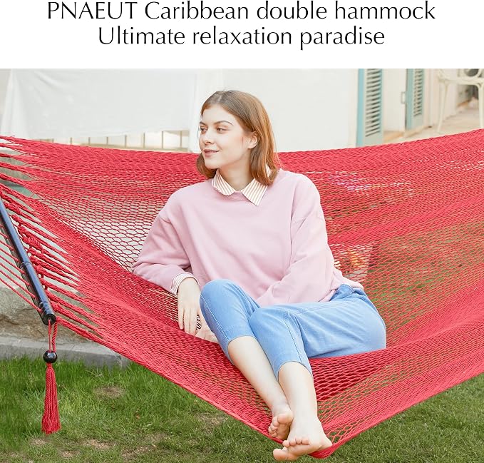 PNAEUT Double Rope Hammocks for Outside, Handwoven Double Caribbean Hammock with Spreader Bar for Outdoor Indoor, Max 600 lbs Capacity (Ruby)
