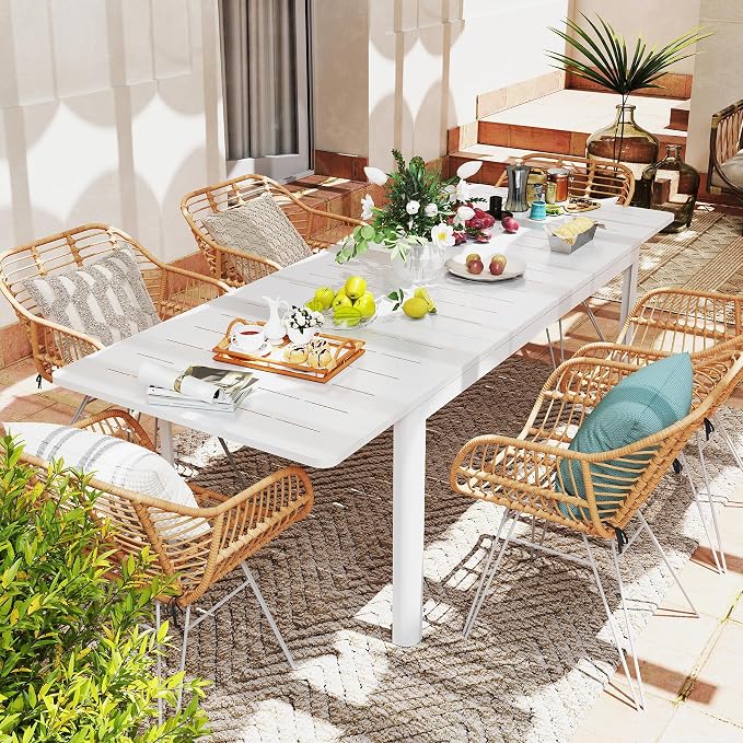 All Aluminum Expandable Patio Dining Table for 6-8 People, Extendable Outdoor Dining Room Table, All Weather Patio Furniture, Rectangular Metal Table with Adjustable Width 65"- 95", Ivory White