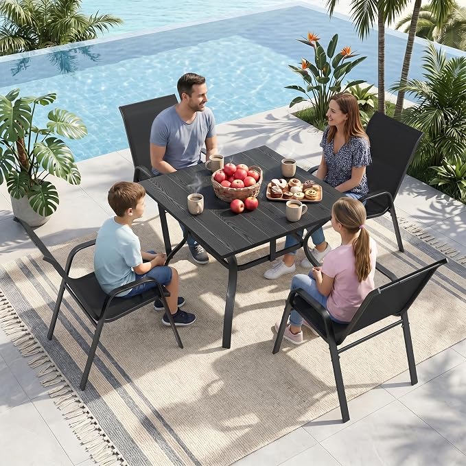 Outdoor Dining Set for 4, Patio Metal Table and Chairs Set with 1.97'' Umbrella Hole, 5pcs Patio Furniture Set 37.8”x37.8” Dining Table Set with Stackable Chairs for Backyard Pool Deck