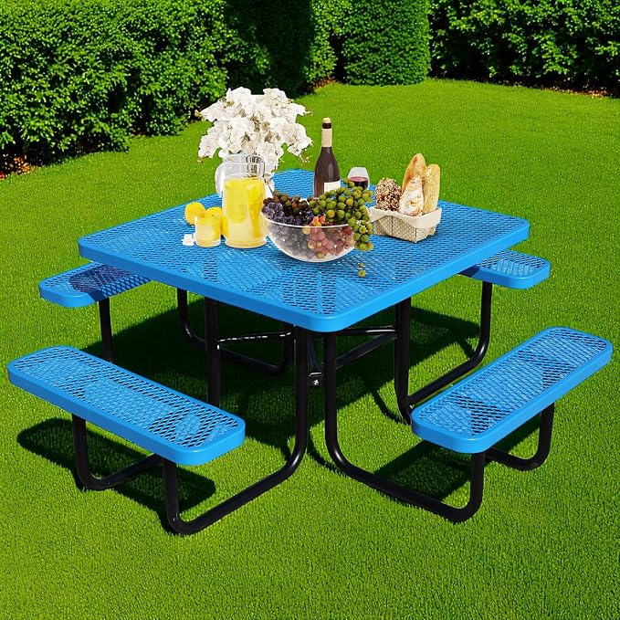 46" Square Picnic Table for Outside,Blue Heavy Duty Metal Picnic Table Bench Set with 2in Umbrella Hole, 1600 lb Capacity,Commercial Dining Table Furniture for Garden Yard Patio Party Coffee Shop