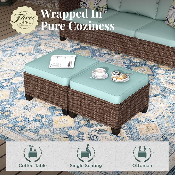 MIXPATIO Patio Furniture Set, 7 Pcs Wicker Rattan Outdoor Conversation Set, 2 x Leg Chairs, 2 x Swivel Chairs, 1 x 3 Seater Sofa and 2 x Ottoman with 4" Thick Cushion for Garden Backyard Deck, Blue