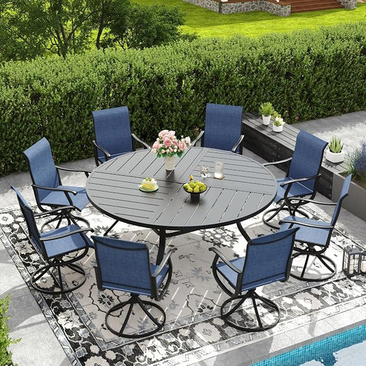 DIFY Patio Table and Chairs Set for 8, 9 Piece Outdoor Dining Set, 63" Black Round Metal Dining Table with Umbrella Hole and 8 Blue Textilene Swivel Patio Chairs, for Garden Backyard Deck