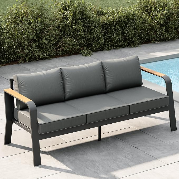 Garvee Outdoor Aluminum Patio Furniture 1 Pcs 3-Seat Outdoor Furniture All-Weather Metal Modern Outside Sofa with Washable Thick Cushion for Garden, Balcony, Deck, Backyard, Dark Grey