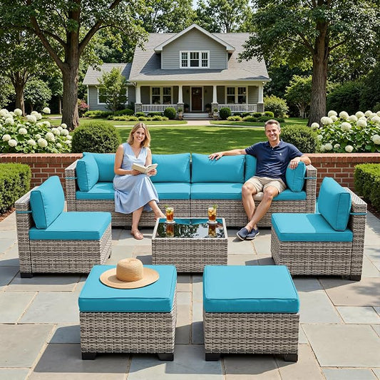 9-Piece Patio Furniture Set, Outdoor with Ottomans, Modular Patio Sofa, Dual-Strand Wicker Rattan, Rust-Resistant Frame, Backyard Furniture for Garden, Deck, Lake Blue