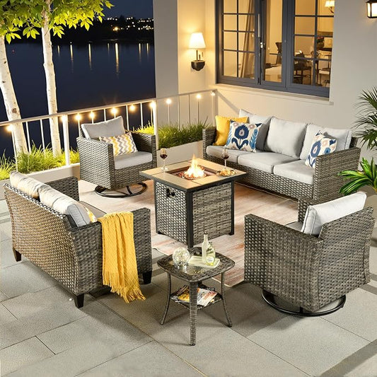 ovios 6 Pieces Patio Furniture Set with Square Fire Pit Table, Swivel Rocking Chairs, Loveseat, Outdoor High Back Wicker Rattan Conversation Set for Deck Porch, Grey