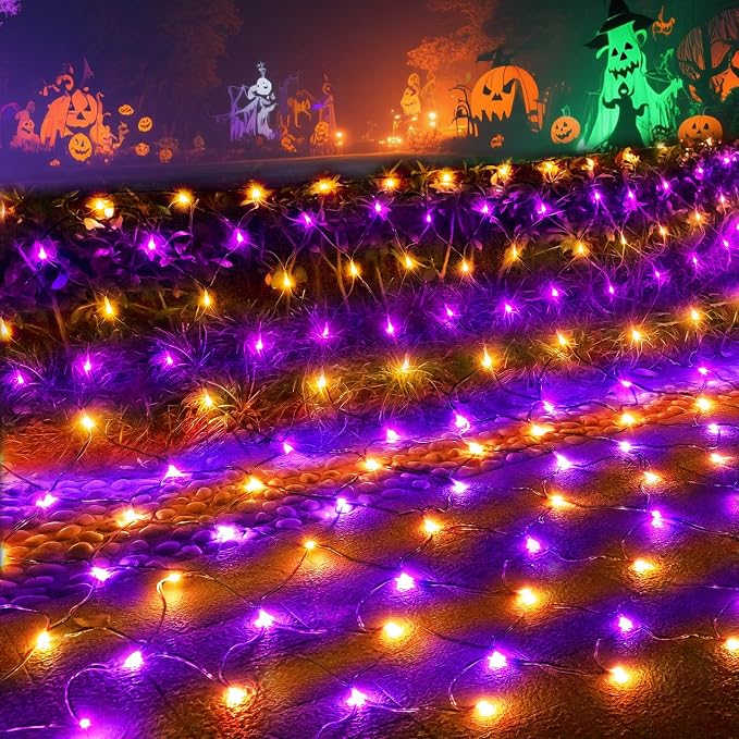 Orange and Purple Halloween Net Lights Outdoor, 15x 5ft Green Wire | 300 LED Large Net Mesh Lights Plug in, 8 Modes Waterproof Connectable Bushes Lights for Halloween Hedge Yard Decor