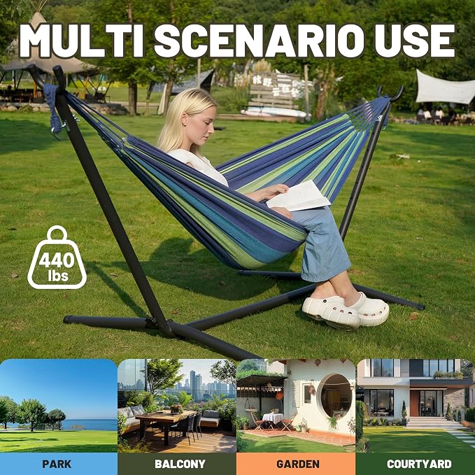 Hammock with Stand for Outside, 450lb Steel Frame, Blue | Steel Frame, Cotton Fabric, 2-Person 450lb, No Tools 10 Min Setup, Backyard Patio Bedroom, Rust-Resistant, Portable