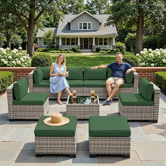 9-Piece Patio Furniture Set, Outdoor with Ottomans, Modular Patio Sofa, Dual-Strand Wicker Rattan, Rust-Resistant Frame, Backyard Furniture for Garden, Deck, Dark Green