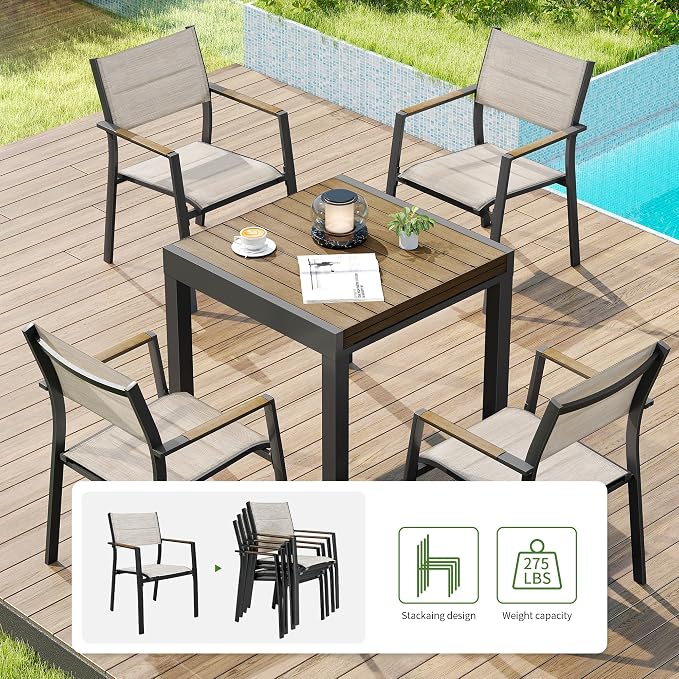 5 Piece Outdoor Dining Set, Expandable Outdoor Patio Dining Table Set for 4-6 Person, Aluminum Outdoor Table and 4 Chairs with Textilene Fabric & Armrest for Patio, Garden, Lawn, Deck(Brown)