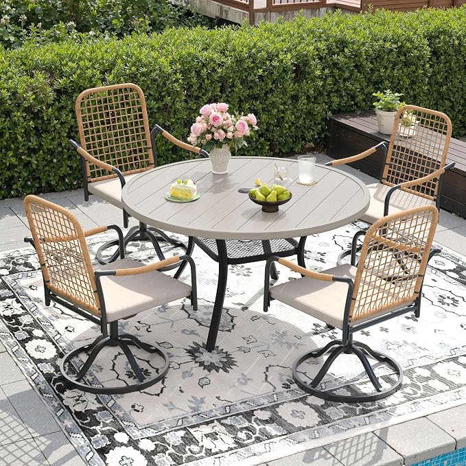 DIFY 5 Pieces Outdoor Dining Set for 4, 47.2" Round Dining Table with Umbrella Hole & Wicker Swivel Patio Chairs with Cushions, Metal Patio Table and Chairs Set for Backyard Porch, Grey Wood-Like