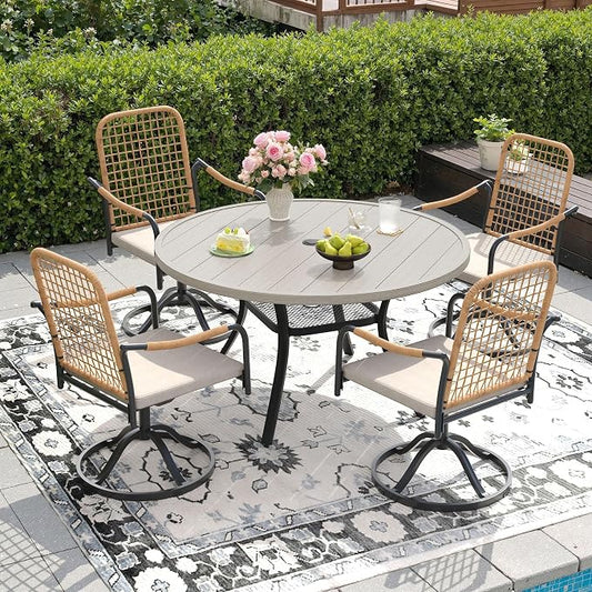 DIFY 5 Pieces Outdoor Dining Set for 4, 47.2" Round Dining Table with Umbrella Hole & Wicker Swivel Patio Chairs with Cushions, Metal Patio Table and Chairs Set for Backyard Porch, Grey Wood-Like