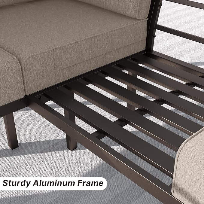 Gotland Aluminum Patio Furniture Set, Metal Outdoor Furniture with 2 Ottomans 5.1’’ High-Resilience Seat Cushions, 5 Piece Patio Set, Oversized Outdoor Sectional Patio Conversation Sets, Khaki
