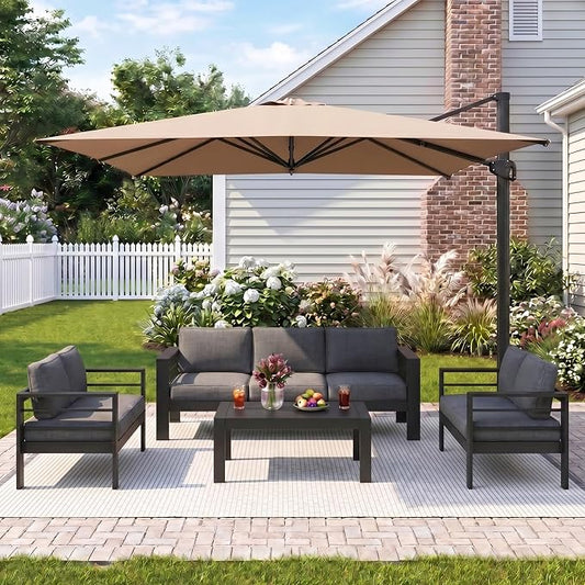 Wisteria Lane 5 Pieces Aluminum Patio Furniture Set with Umbrella, All Weather Oversized Outdoor Furniture Set with Deep Seat and Back Cushion, Patio Conversation Sets with Wide armrest, Gray & Kahki