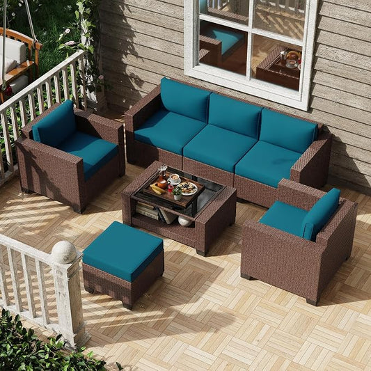 KIGOTY Patio Furniture Set 7 PCS Patio Conversation Sets, All-Weather PE Rattan Outdoor Sectional Sofa with Cushion and 2- Tier Glass Coffee Table（Brown/Peacock Blue）