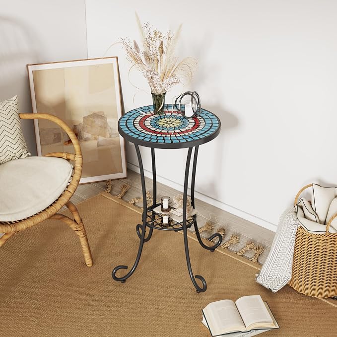 Outdoor Metal Side Table with Ceramic Tile Top Mosaic Patio Side Table and Plant Stand Tables, Round Side Table Iron End Tables for Yard Porch Balcony Garden, Daisy Blue