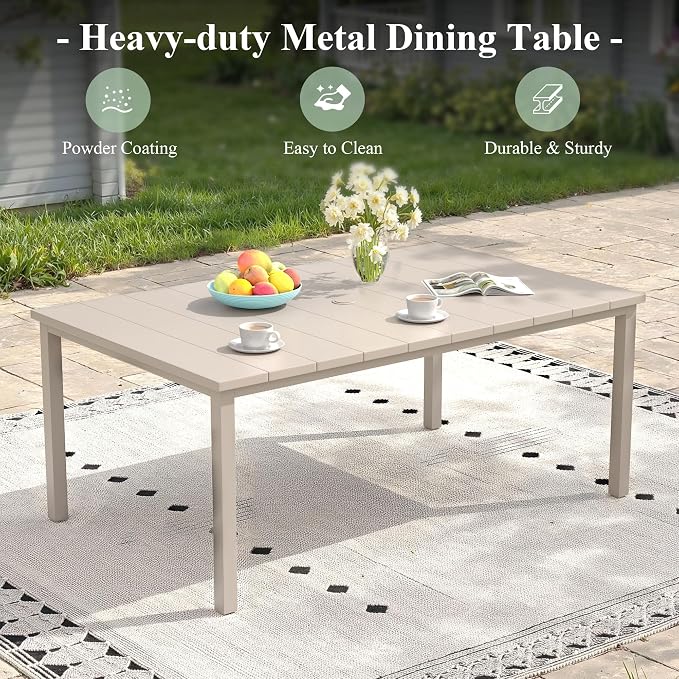 Outdoor Dining Table for 6, 63" Rectangle Outdoor Table with Adjustable Umbrella Hole, All-Weather Metal Patio Dining Table for Lawn Garden Backyard Deck, Sandshell