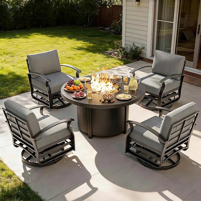 Gotland 5 Piece Patio Set, Aluminum Outdoor Swivel Chairs Set with 48’’ Round Fire Pit 5.1’’ High-Resilience Seat Cushions 29.5" Deep Seating, Metal Patio Furniture Set Patio Conversation Sets, Grey