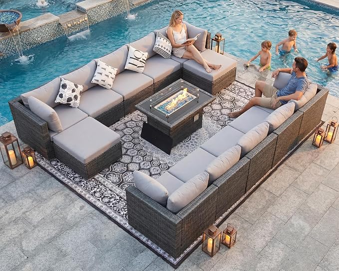 NICESOUL 13 Piece Patio Furniture w/Fireplace, Elegant Outdoor Seating w/Firepit, XL Size 29.3'' High Back Sectional Sofa, All-Weather Rattan Deck Couch, Modular Sturdy Conversation Set, Light Gray