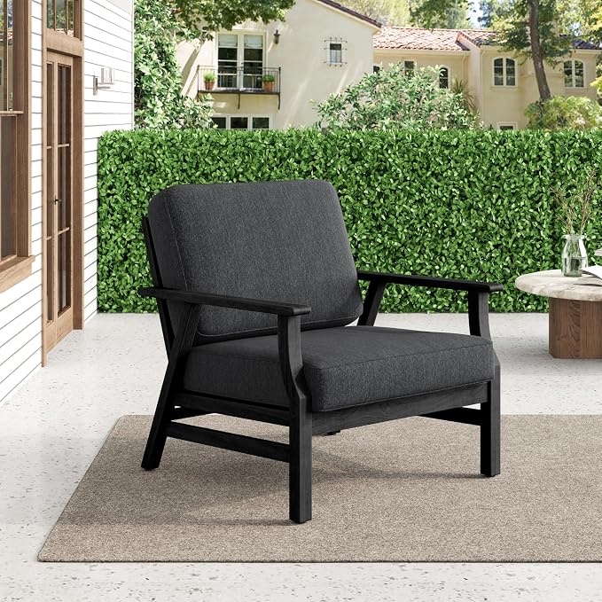 3 Piece Wood Patio Chair Outdoor Bistro Set, Outdoor Armchair All Weather Patio Sofa Furniture Backyard Conversation Sets with Dark Wooden Side Table, Dark Gray