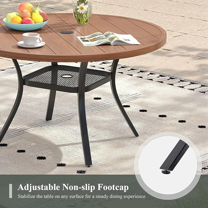 Outdoor Dining Table with Adjustable Umbrella Hole, 40.6" All-Weather Round Patio Dining Table for 4, Metal Patio Table with Storage Shelf for Garden Lawn Porch Deck Yard, Walnut