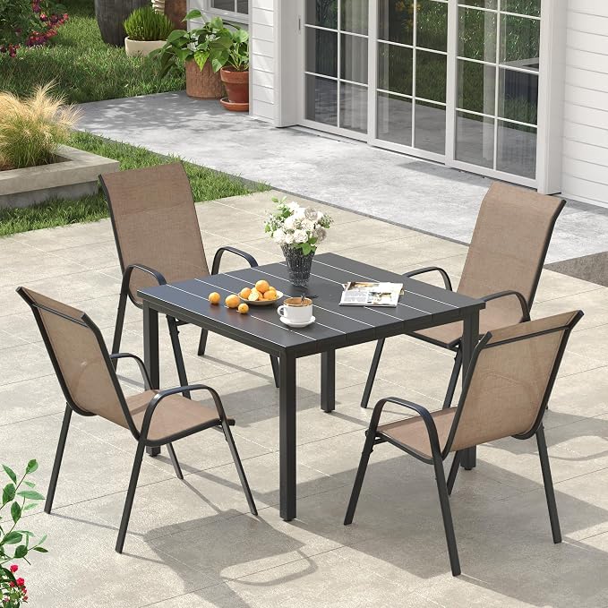 VICLLAX Square Outdoor Patio Dining Set, Metal Slatted Patio Table with Umbrella Hole and 4 Stackable Patio Chairs for Deck Lawn Garden, Brown Fabric and Black Tabletop