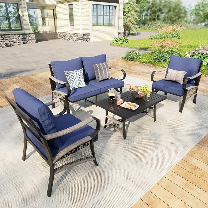 4 Pieces Patio Furniture Set, Outdoor All Weather Metal Conversation Sets with 2 Single Chairs, 1 Loveseat Sofa, 1 Coffee Table for Backyard, Garden, Deck, Blue