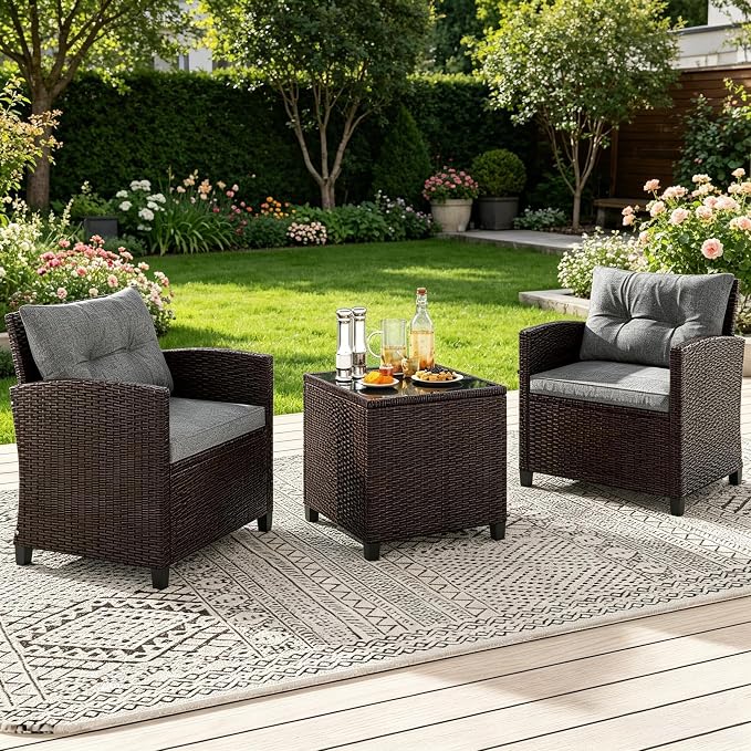 ORALNER 3 Pieces Patio Furniture Set, Outdoor Wicker Conversation Set Rattan Chairs with Cushions, Glass Coffee Table, Bistro Set for Front Porch Balcony Garden Deck Poolside (Grey)