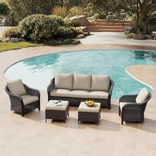 5 Piece Patio Wicker Conversation Set, All-Weather Use Outdoor Wicker Sofa with 2 PE Rattan Ottomans,2 Chair, Ideal for Porch, Backyard, Balcony, Poolside, Beige