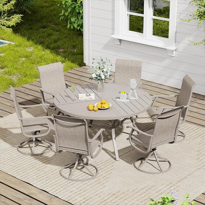 VICLLAX 47.2" Round Outdoor Table, Patio Dining Table for 6 with Umbrella Hole for Garden Lawn Deck Backyard, Sandshell