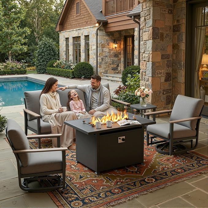 Aluminum Outdoor Patio Furniture Set, 5-Piece Outdoor Sofa with 5.1" Thick Cushions, Swivel Rocking Chairs, 55,000 BTU Propane Fire Pit Table, Outdoor Couch for Backyard, Balcony, Gray