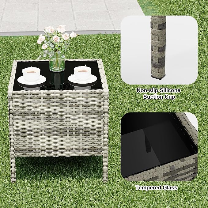 GAOMON 3 Pieces Patio Furniture Sets, Outdoor PE Rattan Porch Chairs with Soft Cushion and Glass Coffee Table, Outdoor Furniture Sets for Backyard Porch Poolside, Gray and Blue