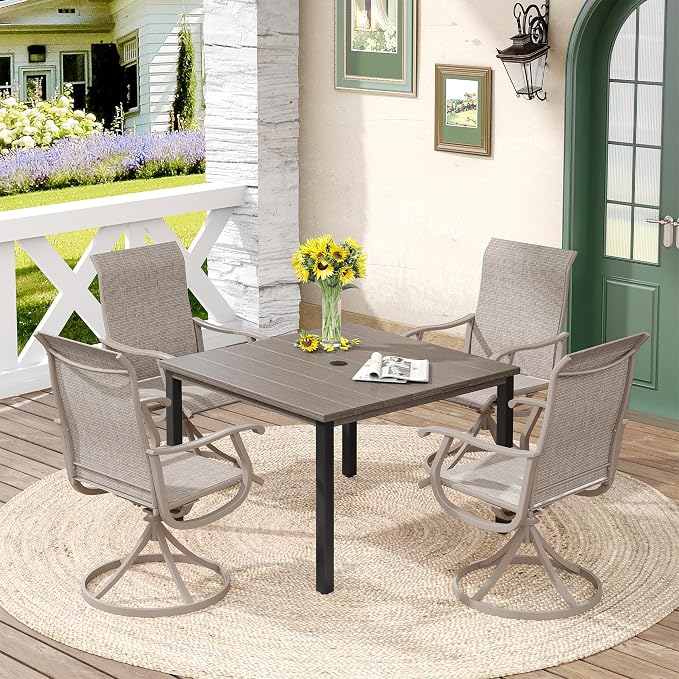 DIFY Patio Table and Chairs Set for 4, 5 Piece Outdoor Dining Set, 40.2" Grey Wood-Like Square Metal Dining Table with Umbrella Hole and 4 Sandshell Textilene Swivel Patio Chairs, for Garden Backyard