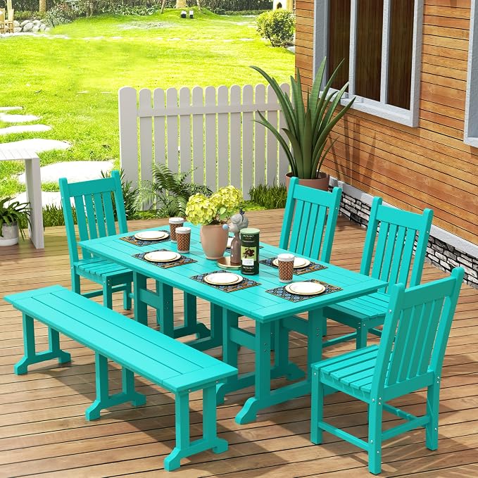 WestinTrends Malibu 6 Piece Outdoor Dining Set with Bench, All Weather Poly Lumber Patio Table and Chairs Set, 71" Trestle Dining Table with Umbrella Hole, 5 Patio Chairs with Bench, Turquoise