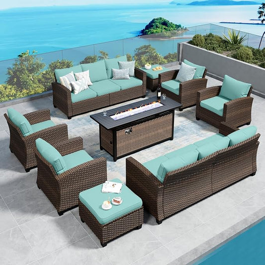 SUNSHINE VALLEY Patio Furniture Set Outdoor Furniture Brown Wicker Rattan Patio Conversation Sets with Cushion Outside Sofa Set,8 Pieces with Rectangular Firepit Table,12 Seats,Blue