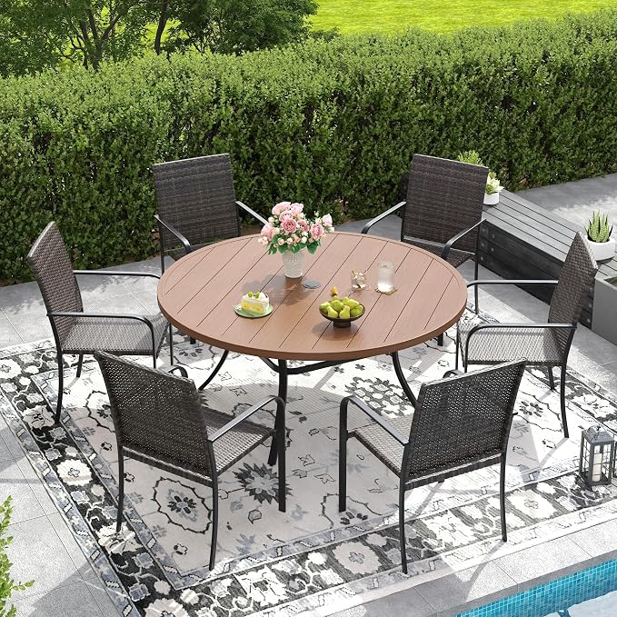 DIFY 7 Piece Outdoor Dining Set, Patio Table and Chairs Set for 6 with Umbrella Hole, 50" Walnut Round Dining Table & Stackable Wicker Patio Chairs, Metal Patio Furniture Set for Garden Backyard