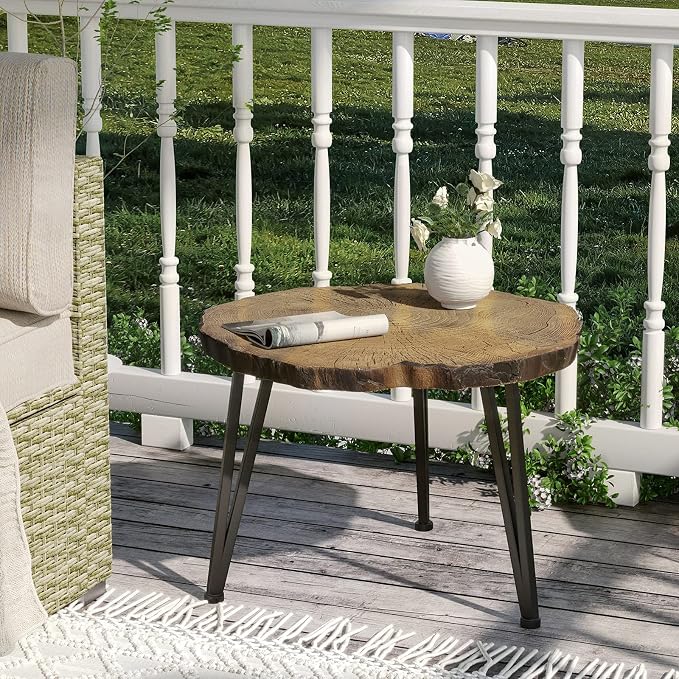 SUNBURY Outdoor Indoor Coffee Table, 31" Wooden Look Concrete Side Table, Modern Round Metal Coffee Table for Living Room, Bedroom, Garden, Backyard