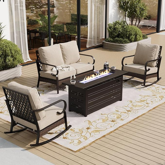 SUNSHINE VALLEY 4 Piece Metal Outdoor Patio Furniture Sets with Firepit Table, Patio Conversation Sets 1 2-Seater Sofa, 2 Rocking Sofa with 5.75" Cushion Black Backyard Furniture for Deck, Beige