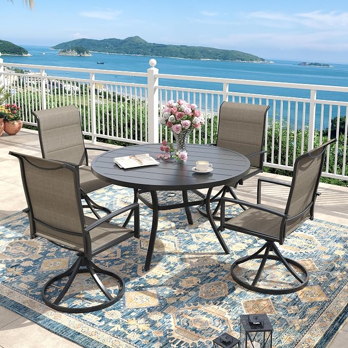 Outdoor Dining Set for 4, 40.6" Outdoor Dining Table with Umbrella Hole and Padded Textilene Patio Swivel Chairs, 5 Pieces Patio Table and Chairs Set for Garden Backyard, Mixed Brown and Black