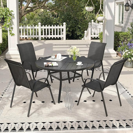 5 Pieces Outdoor Dining Set, 40.7" Spliced Patio Table with Umbrella Hole & Stackable Outdoor Dining Chairs, Patio Furniture Set for Deck Garden Porch, Black Chairs & Black Table
