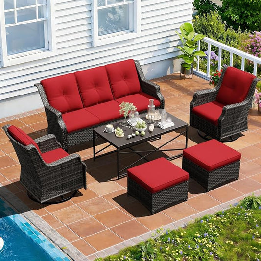 Outdoor Patio Furniture Set, 6 Piece Wicker Patio Furniture with Thick Cushions, Curved Armrest, Deep Seating, Outdoor Swivel Rocker Chairs for Porch, Deck, Balcony