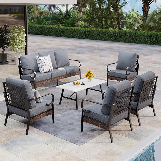 MIXPATIO Patio Furniture Set with Coffee Table, Outdoor Conversation Set with 4 x Fixed Chairs, 1 x 3-Seat Sofa for Lawn Garden Backyard, Grey