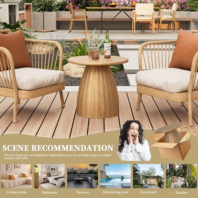 Metal Small Patio Table, Round Outdoor Side Table, Wood Color Outdoor Accent Patio End Table, for Garden, Pool, Deck, Balcony, Yard, Living Room, Weather Resistant, No Assembly