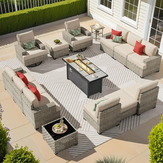 CAODOC 15-Piece Outdoor Sectional Sofa Set w/ 54" Fire Pit – L-Shaped Wicker Patio Furniture, Deep Seating & Swivel Rockers, Beige